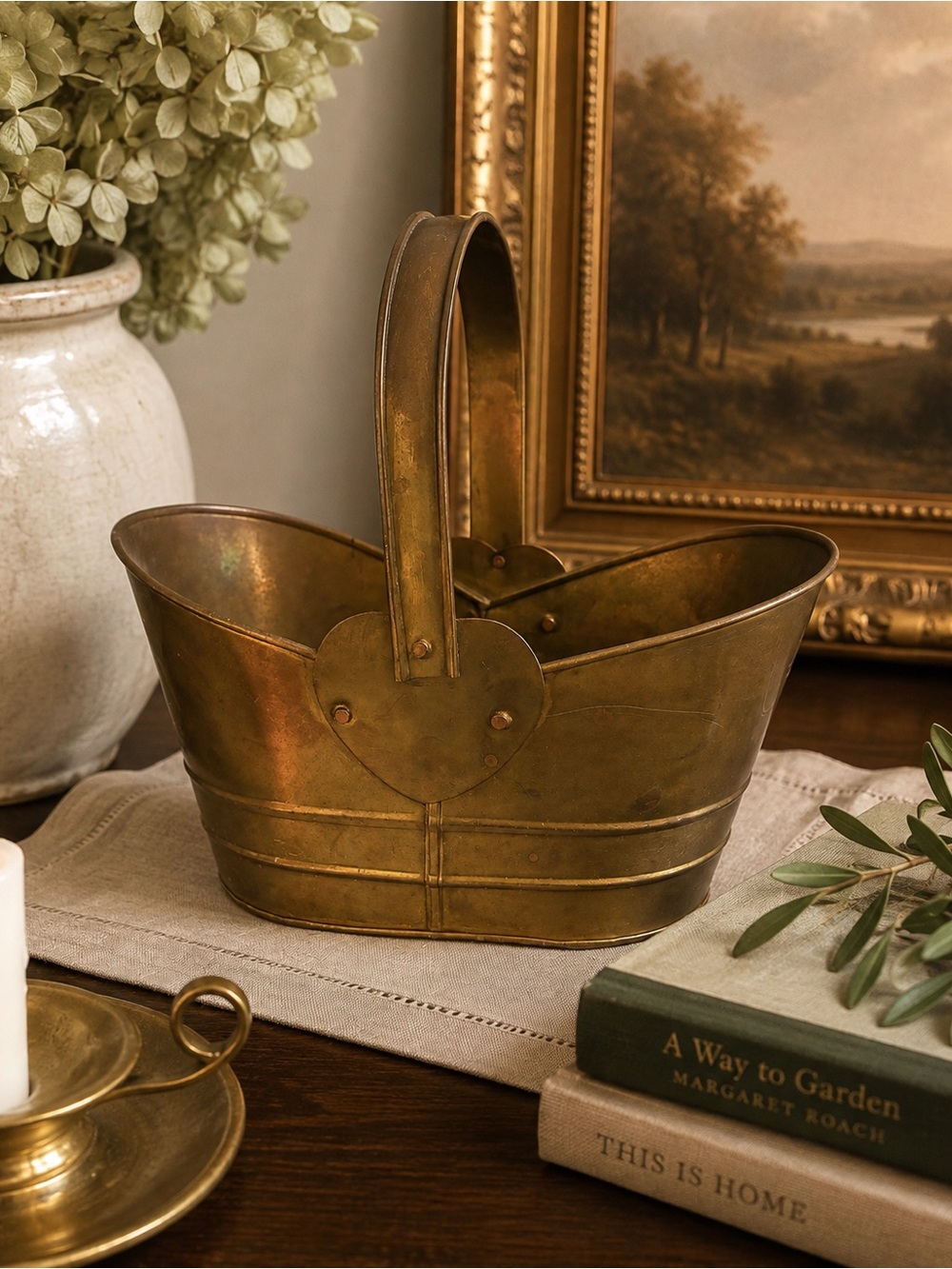 Vintage Brass Basket Heart Detail English Country Cottagecore Decor
